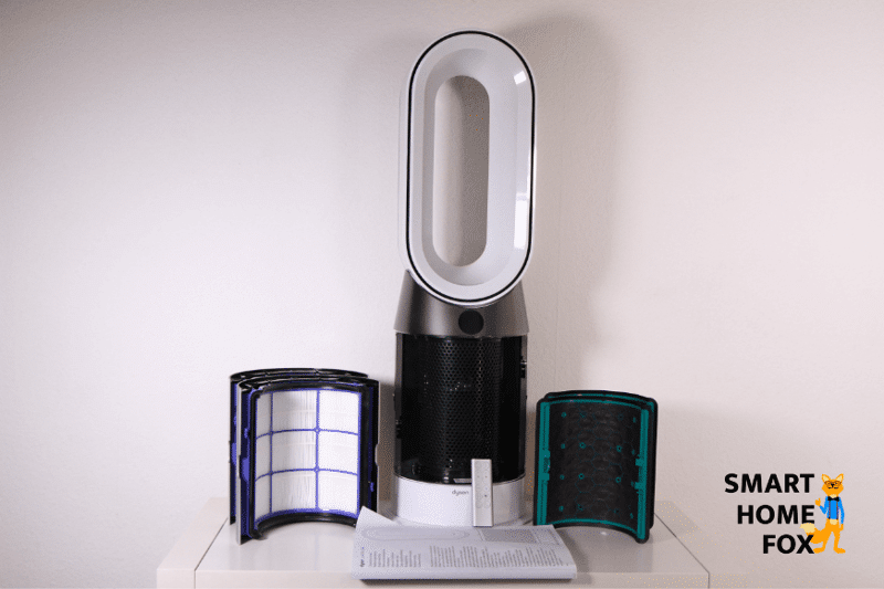 Der Verpackungsinhalt enthält Dyson Luftreiniger, HEPA- und Aktivkohlefilter, Fernbedienung und das Handbuch.